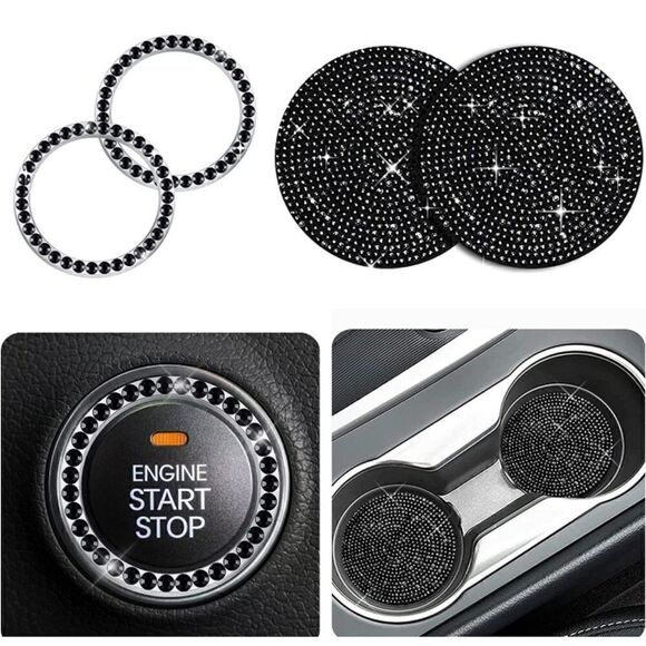 Black Bling Car Coasters. Two. With Two Circular Bling Rings - Picture 1 of 6